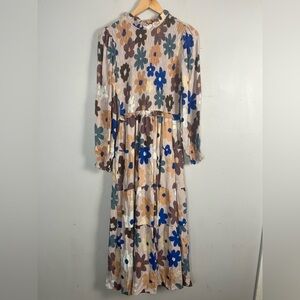 Karlie tiered smocked maxi floral dress size small neutral long sleeve